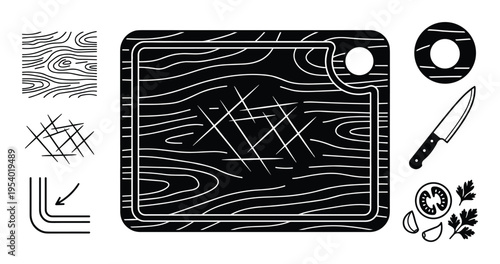 Cutting board with knife, tomato, garlic and parsley vector illustration