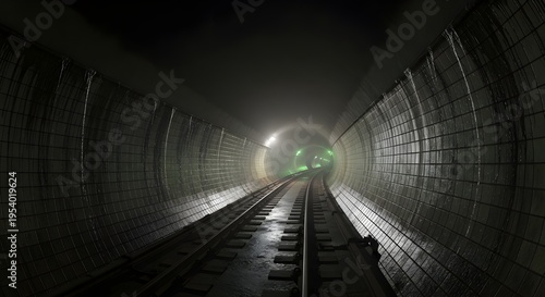 Dark abandoned subway tunnel with eerie green light at the end, moody urban exploration scene