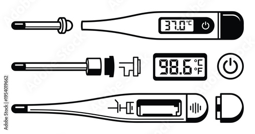 Digital thermometers set in degrees Celsius and Fahrenheit isolated vector illustration
