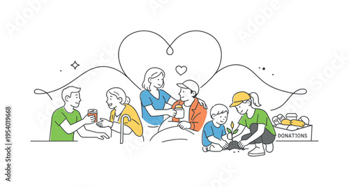 A community volunteering and mutual aid scene where people collaborate to support vulnerable groups and build stronger social connections, using a minimal group of figures and a