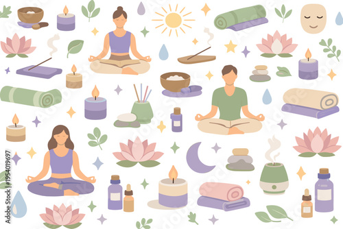 Mindfulness yoga seamless pattern for wellness and meditation lifestyle themes featuring lotus pose person, meditation pose, yoga mat, incense stick, candle, singing bowl, lotus
