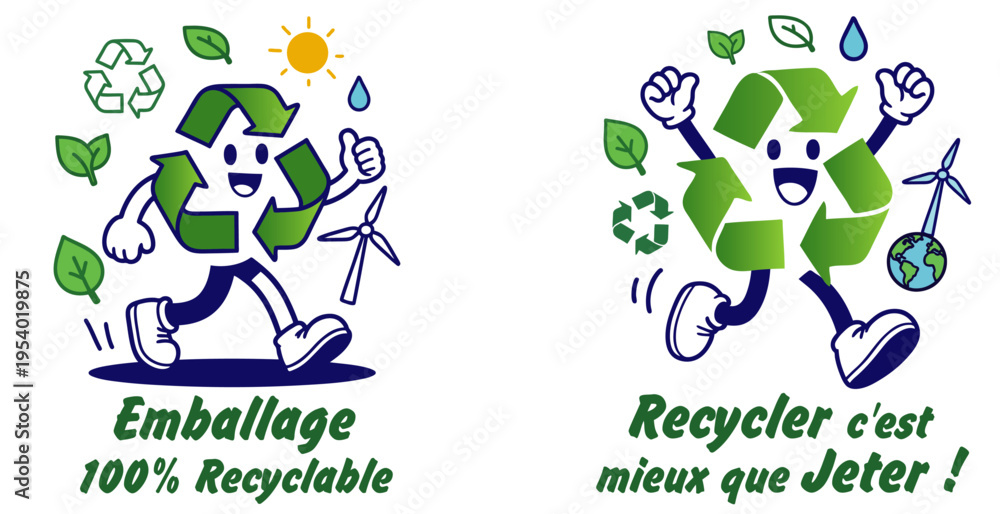 Fototapeta premium Personnage recyclage souriant autour d’icônes écologiques, illustrant un concept éducatif et ludique sur le tri des emballages et le recyclage.