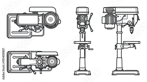 Drill press technical drawing vector illustration, machine outline views, engineering design equipment