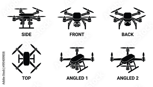 Drone views: Side, front, back, top, angled 1, angled 2 vector illustration