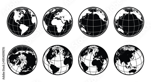 Earth views globe world continents vector illustration set, showing multiple continents