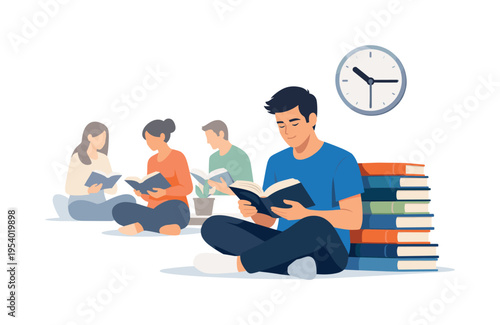 A personal development moment where an individual mindfully builds concentration and lifelong learning habits while participating in a calm group reading activity in an organized
