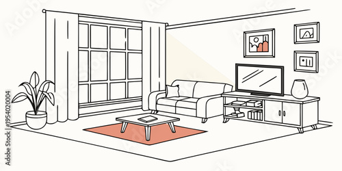 A cozy living room with a large window, a comfortable sofa, and a television.