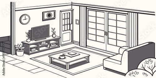 A cozy living room with a television, couch, and various furniture pieces.
