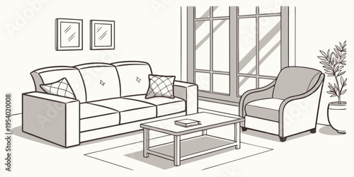 A cozy living room with a comfortable couch, armchair, and coffee table.