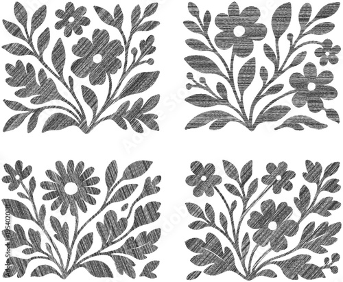 Floral design elements vector set: monochromatic botanical graphics with textured detail