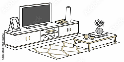 A modern living room with a television, coffee table, and potted plant.
