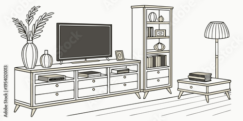 A cozy living room with a television and a bookshelf filled with books