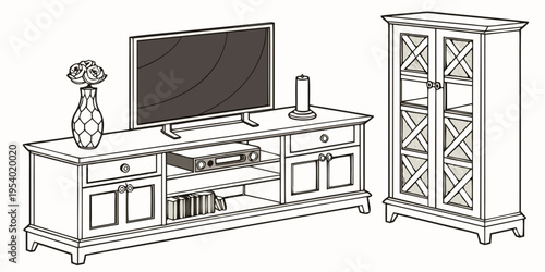 A modern living room with a white entertainment center and a wooden cabinet.
