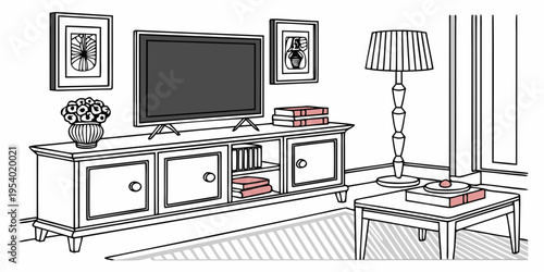 A cozy living room with a television, bookshelf, and a coffee table