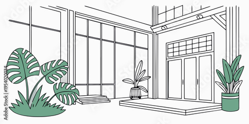 Modern house with large windows and indoor plants