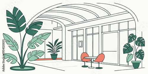 A cozy outdoor seating area with a pergola and lush greenery