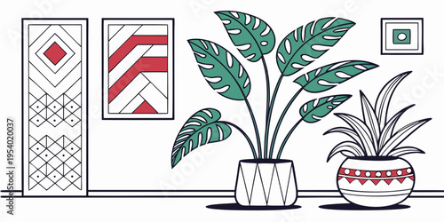 A potted plant thrives near a window with a red and white striped curtain.