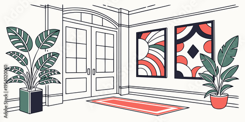 A vibrant living room with large windows and colorful abstract art on the walls