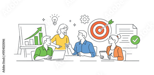 A small team analyzing business performance and planning strategic actions in a structured workspace, focusing on growth, organization, and efficiency, represented by a clear
