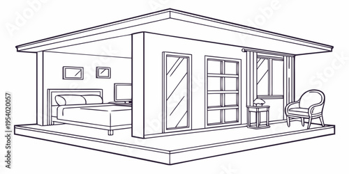 A modern bedroom with a sliding glass door leading to a patio area with a chair.