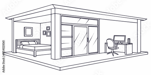 A modern bedroom with a large sliding glass door leading to a balcony.