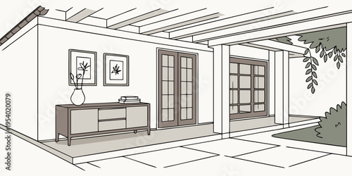 A spacious living room with a modern fireplace and large windows overlooking a garden