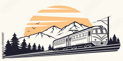 Train journey through a picturesque mountainous landscape with a sunset