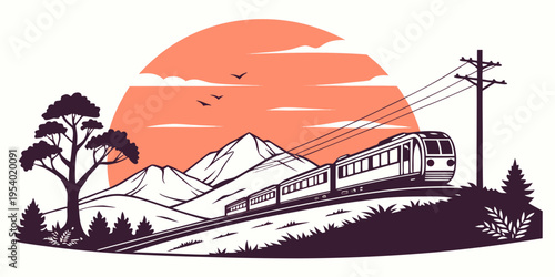 Train journey through scenic mountains at sunset with trees and power lines