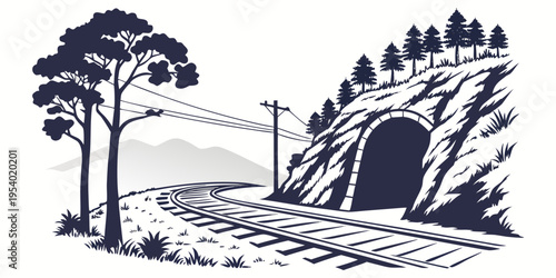 A serene landscape with a winding road leading to a cave entrance surrounded by trees.