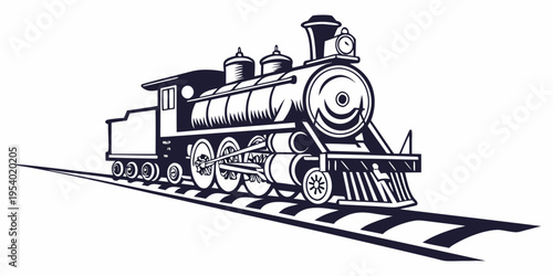 A vintage steam locomotive with a black and white color scheme