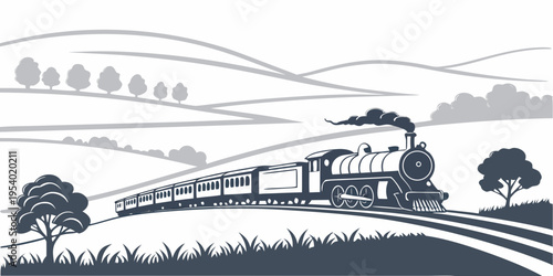 A vintage steam train travels through a picturesque countryside landscape