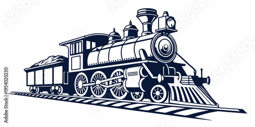 A detailed illustration of a vintage steam locomotive with a passenger car