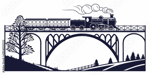 A vintage steam train crossing a picturesque stone bridge over a river.