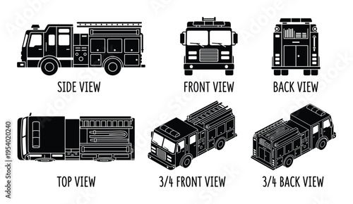 Fire Truck Views Side, Front, Back, Top, 3/4, Vector Silhouette Illustration