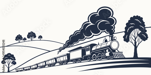 Vintage steam locomotive chugging through a countryside landscape