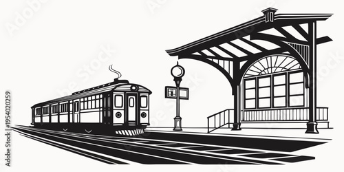 An old-fashioned train station with a train approaching the platform.