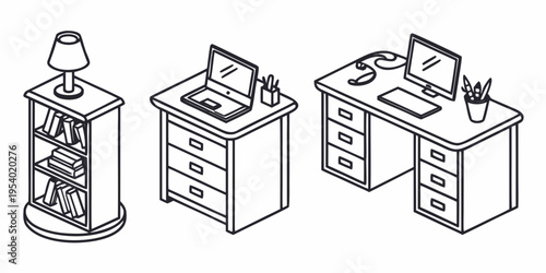 Three different desks with a computer on each, one with a bookshelf