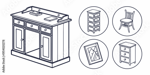 A collection of various furniture items including a kitchen cabinet, shelves, chair, and a dresser.