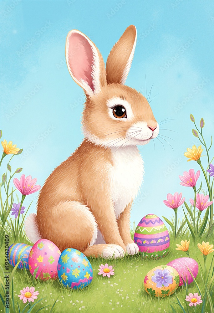 Fototapeta premium Easter bunny sitting with easter eggs and flowers