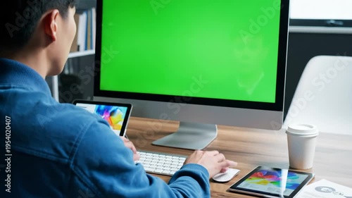 Person works at computer with green screen for keying