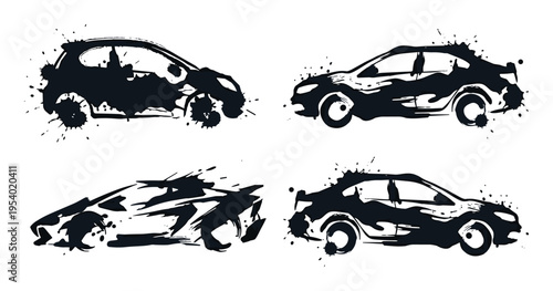 Four ink splash car silhouettes, auto grunge vector illustration on a white background