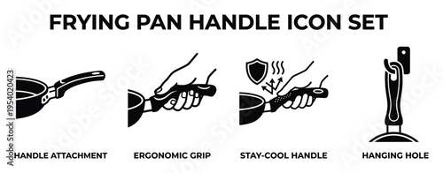 Frying Pan Handle Icon Set Vector Illustration, Attachment, Ergonomic, Stay Cool, Hanging Hole