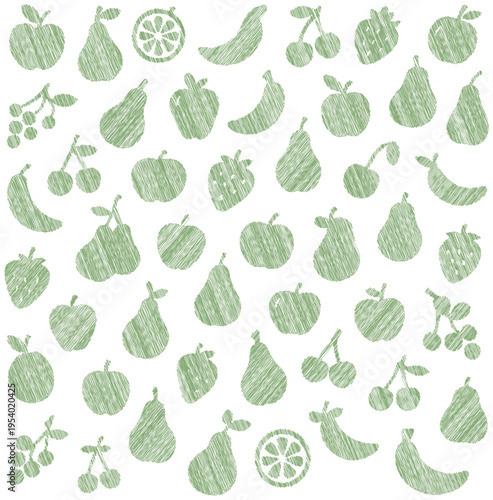 Green textured fruit vector pack: scribble style illustrations of apples, pears, and berries