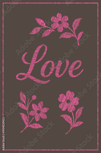 Textured embroidered love card: pink floral and script design