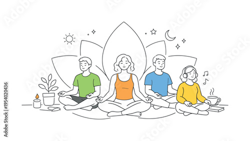 Holistic wellness and self-care routine concept where individuals dedicate time to relaxation and mental health improvement through meditation practices, featuring a lotus shape
