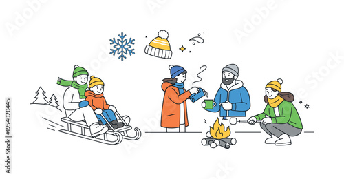 A small group enjoying winter activities in a Scandinavian-inspired setting, embracing cold weather with simple routines and shared moments, visualized through a clean scene of a
