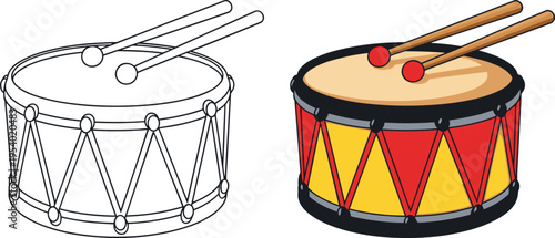 Drums with drumsticks colored and outlined musical instruments