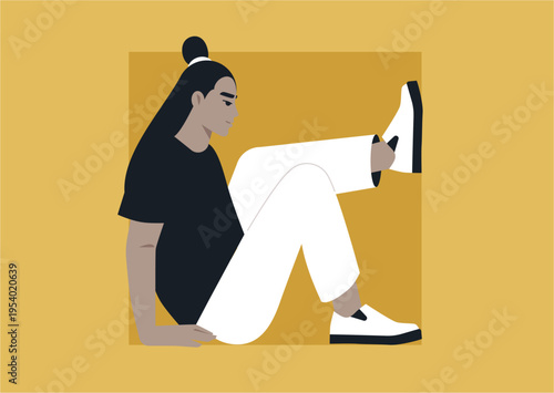 A person sits inside a square frame, symbolizing the boundaries of personal growth and the tension between comfort, restraint, and stepping beyond familiar limits