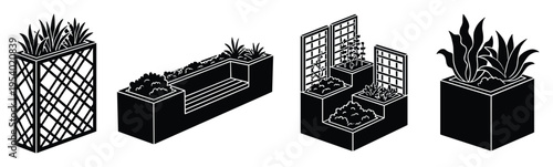 Isometric garden planters with plants, contemporary garden design