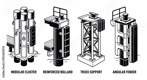 Modular cluster reinforced bollard, truss support, angular fender illustration design, engineering docks elements